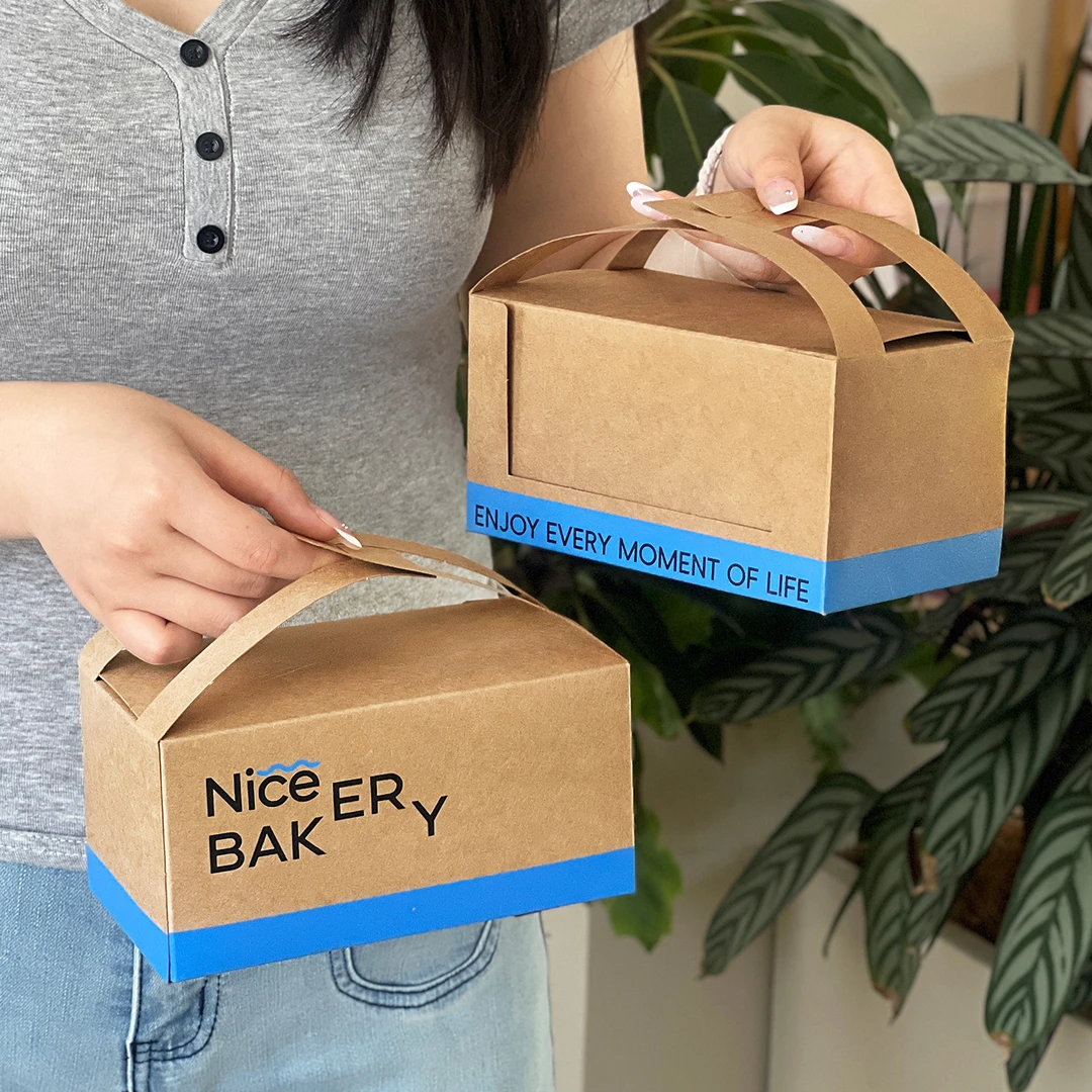 可颂面包免折牛皮纸盒子烘焙甜品蛋糕外带打包手提包装盒商用定制