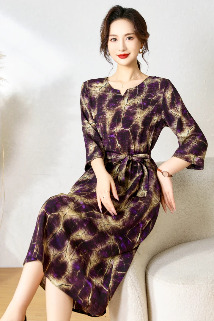 【小老弟专属】星光紫 时尚休闲法式收腰女装系带气质连衣裙