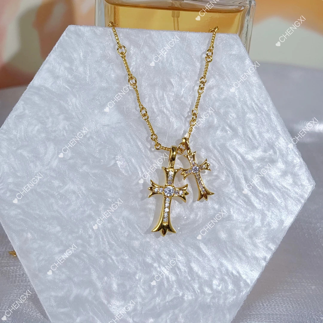 坠链均足银 足银镀金【克罗心双十字架套链】欧洲潮牌十字架潮流