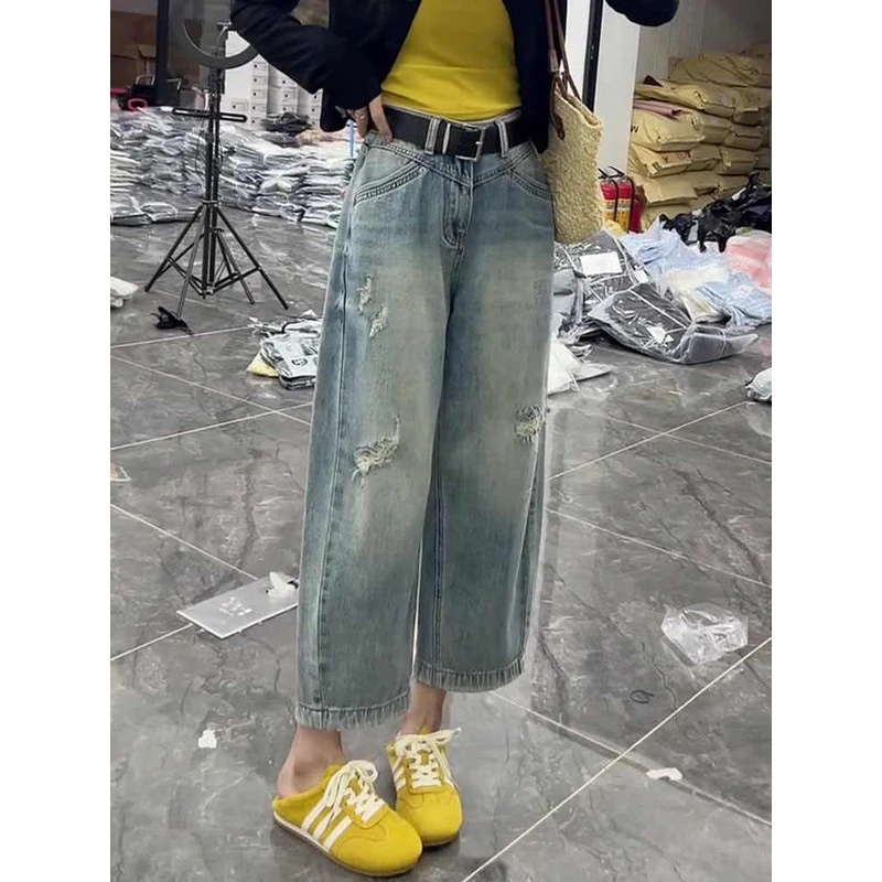 破洞设计感2025夏新款今年流行爆款高腰宽松显瘦直筒阔腿牛仔裤女