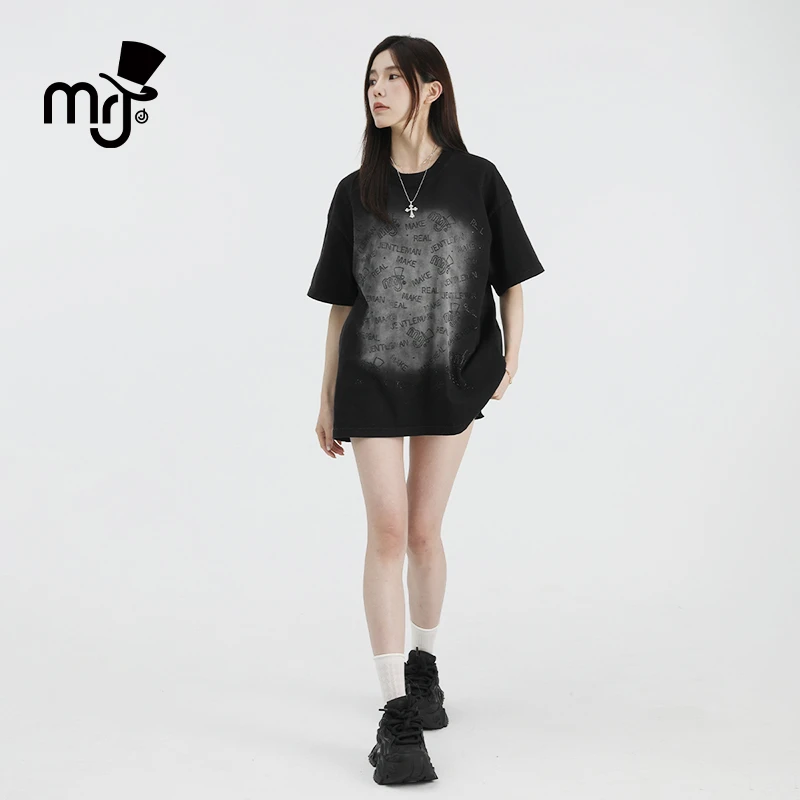周杰伦原创品牌MRJ碎钻银河T恤满天星春夏情侣印花短袖黑色韩风T