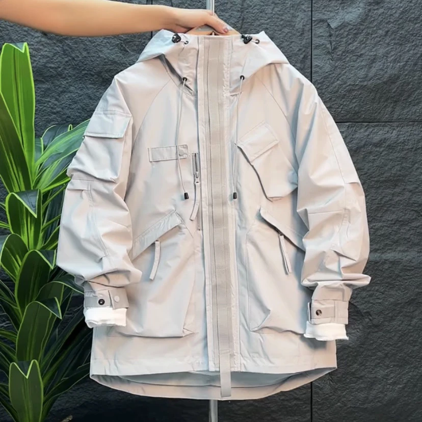 PinkAvril春秋工装多兜纯色连帽外套男款百搭宽松冲锋衣时尚夹克