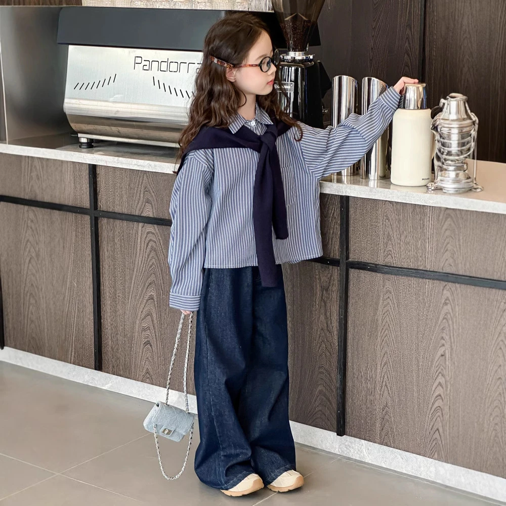 女童秋季套装2025新款洋气时髦条纹衬衫中大童牛仔裤休闲两件套潮