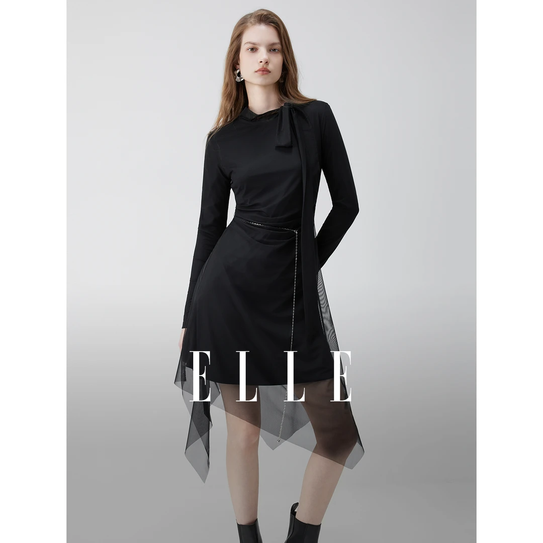 ELLE女装黑色网纱长袖连衣裙2025秋新款气质捏褶收腰长裙EL52432