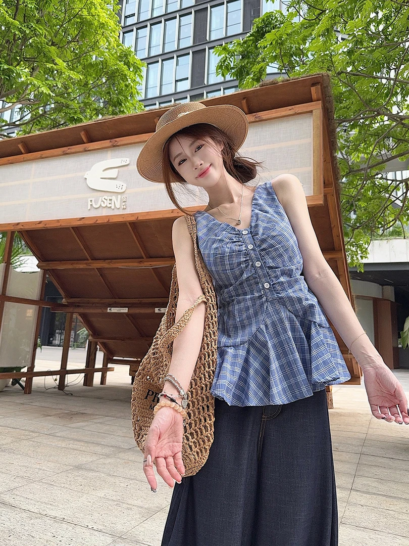 大码法式格子吊带背心女装夏季胖MM显瘦收腰辣妹外穿无袖V领上衣