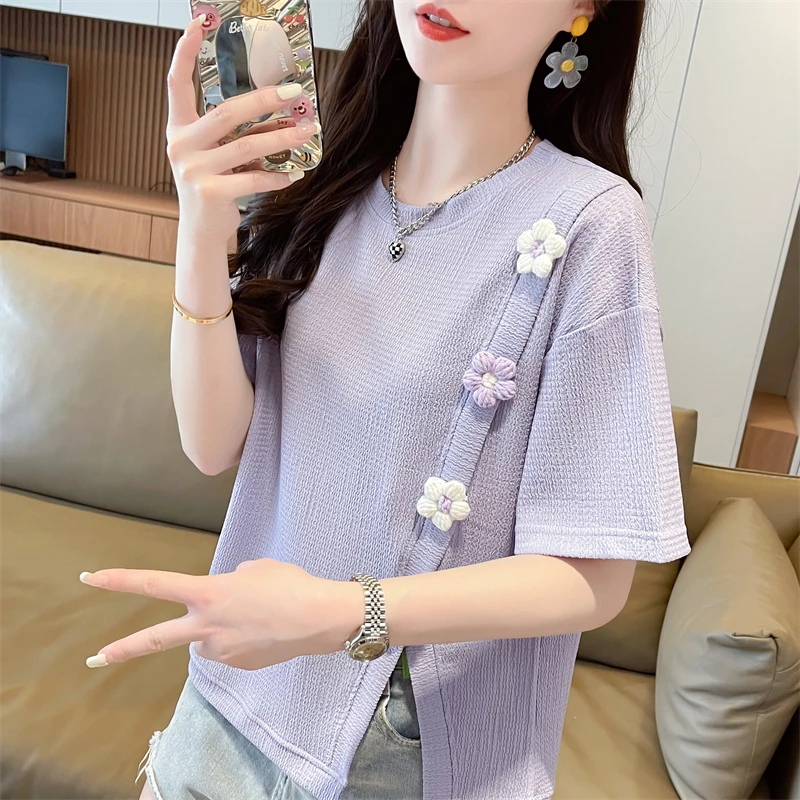 小个子设计夏季新款开叉花朵短袖女装T恤2025短款上衣打底衫潮ins