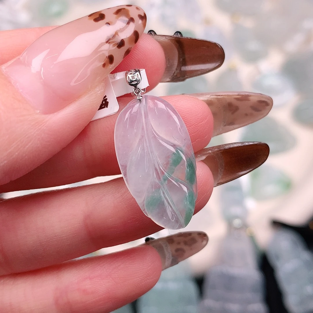 翡翠颈饰18K金镶嵌蓝花叶29.5、24、13、3