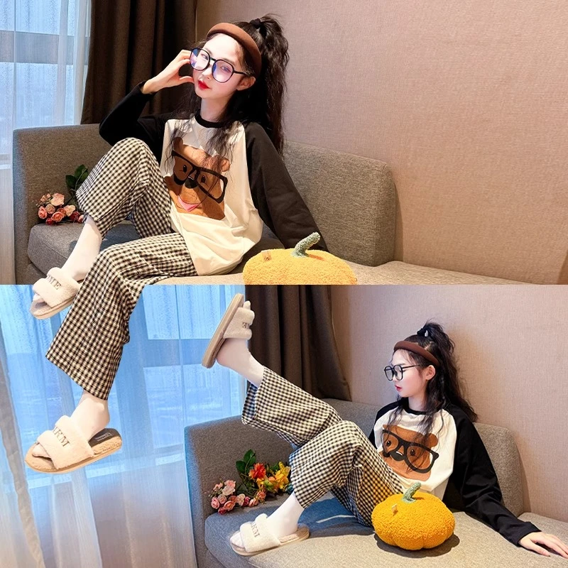 2025新款女童睡衣春秋初中生女孩长袖纯棉套装儿童大童空调家居服