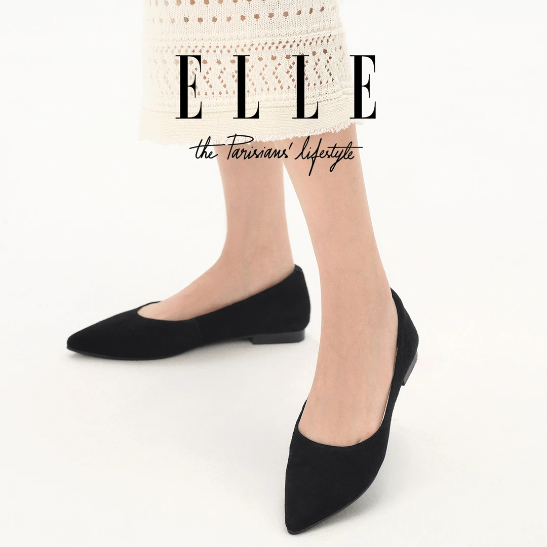ELLE尖头平底单鞋女2025新款软底上班鞋久站不累脚黑色职业工作鞋