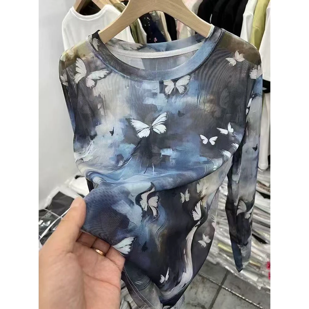 2025夏季新款晕染复古网纱印花防晒长袖T恤女薄纱罩衫叠穿上衣女