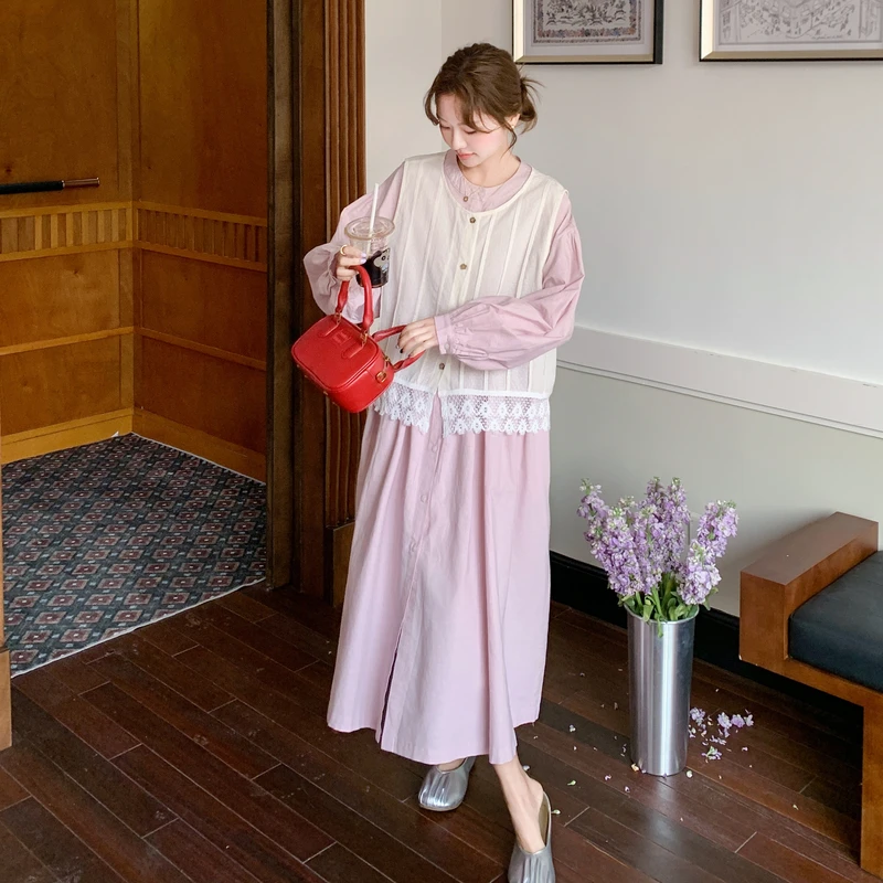 甜系气质通勤叠穿套装裙女2025春秋新款法式马甲粉色衬衫裙两件套