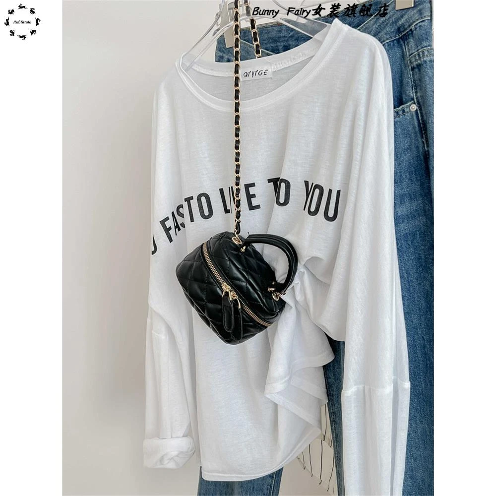 宽松字母薄款t恤女冰丝上衣2025夏季新款套头防晒衣长袖防晒罩衫