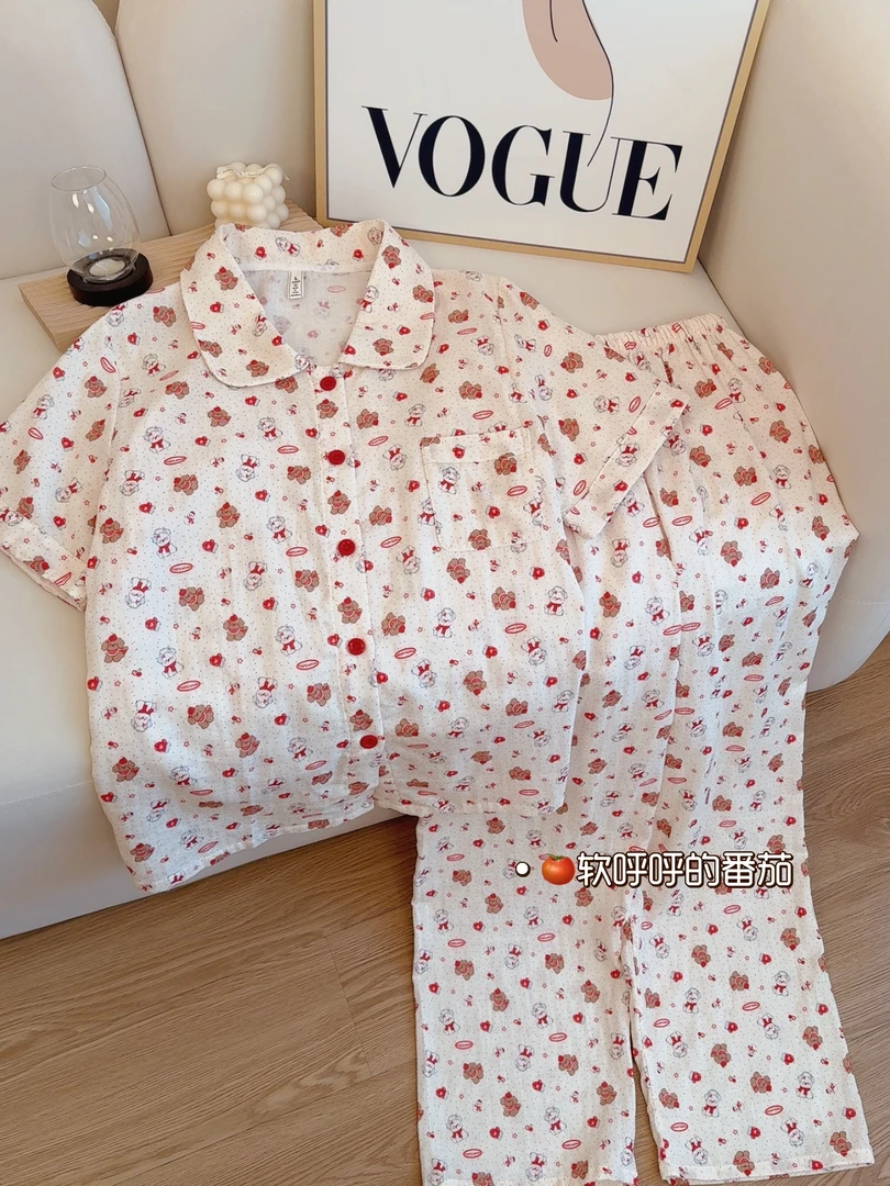 苹果小泰迪｜软绵绵婴儿软棉纱睡衣女夏季短袖长裤宽松休闲家居服
