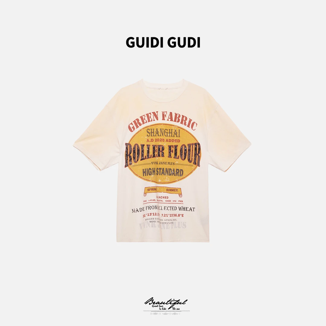 GUIDI GUDI【小麦面粉】黄加蓝气质卡通字母短袖T恤 T9520625H