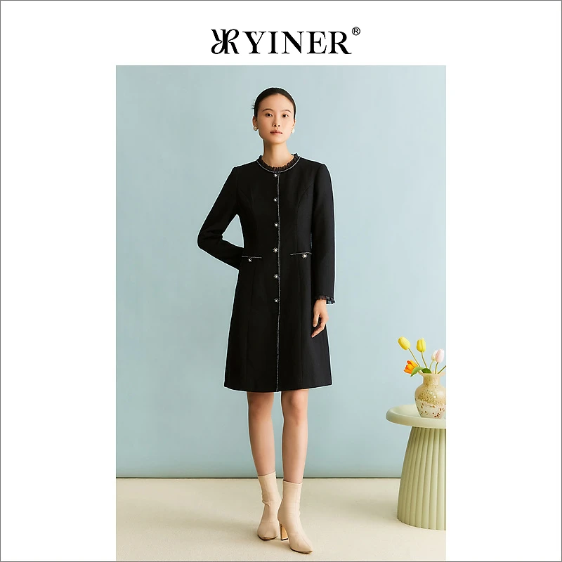 精选YINER音儿专选女装冬季法式木耳花边领羊毛混纺连衣裙小黑裙