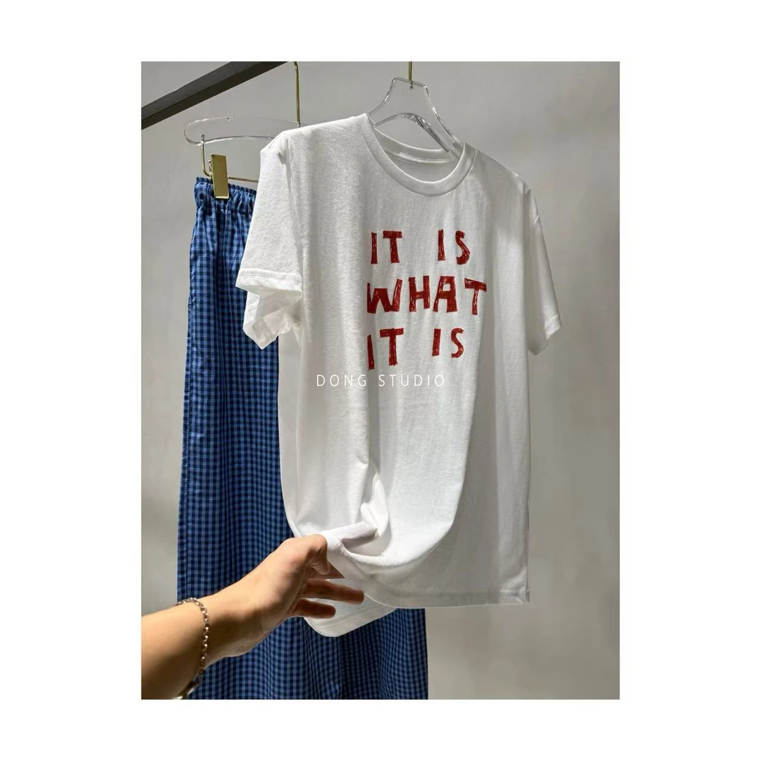 纯色简约舒适透气字母印花圆领短袖T恤I6604