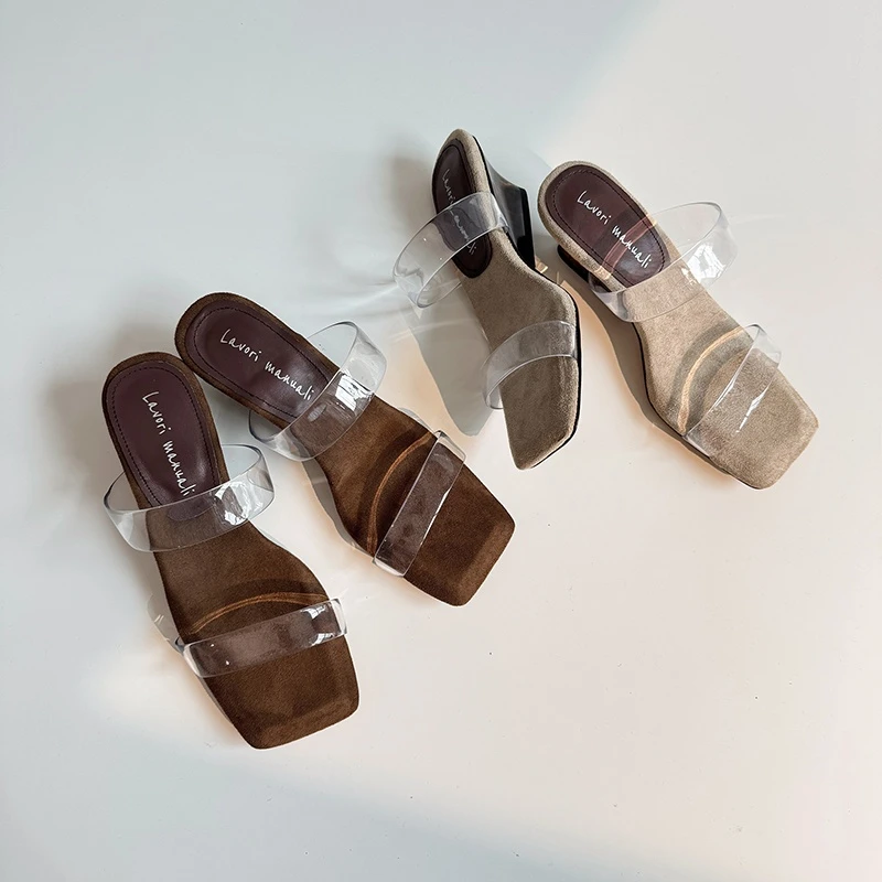 5cm棕色透明坡跟凉拖鞋女夏季外穿一字带高跟鞋增高粗跟露趾凉拖