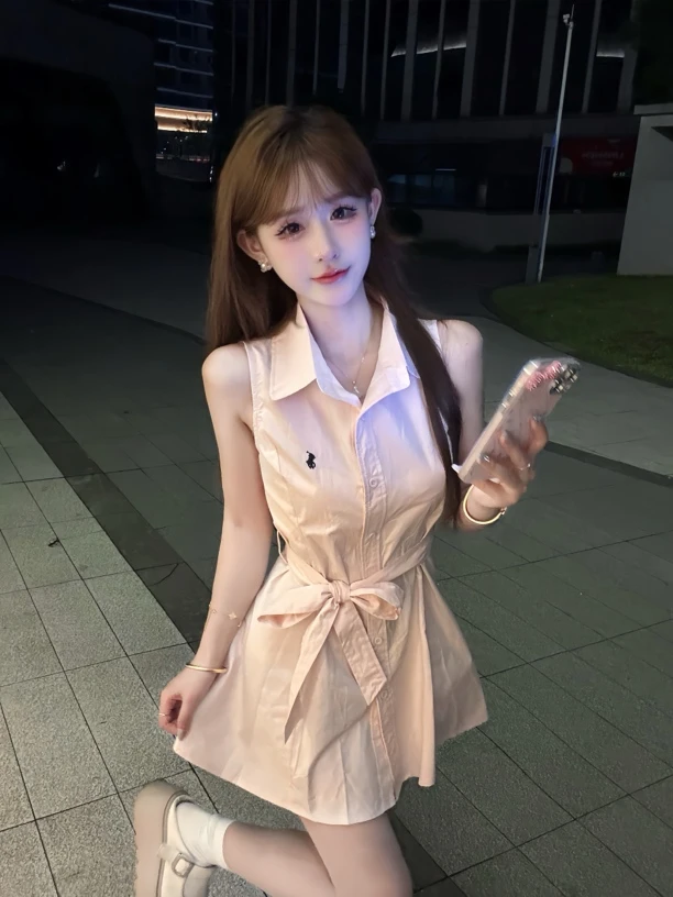 【甜美色系刺绣名媛衬衣裙收腰显瘦】