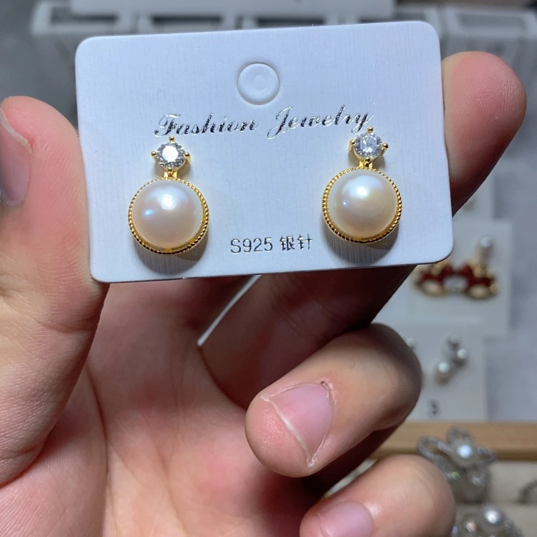耳饰银S925镶嵌淡水珍珠