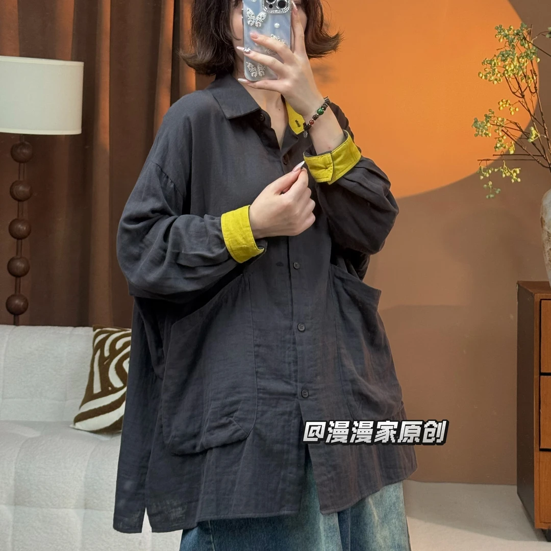 【漫漫家】早秋新款宽松落肩袖大口袋拼接衬衫复古设翻边长袖上衣女