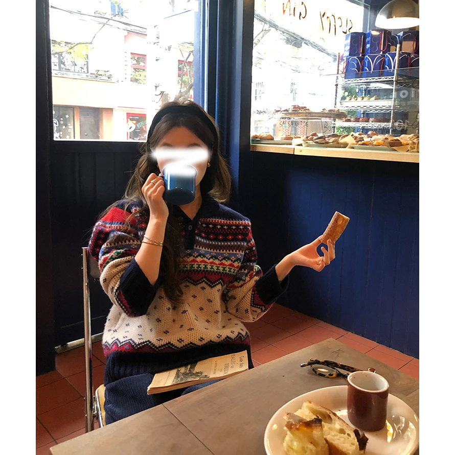 秋冬季韩版套头毛衣毛针织衫拼色女装宽松型复古文艺文艺风圆领女