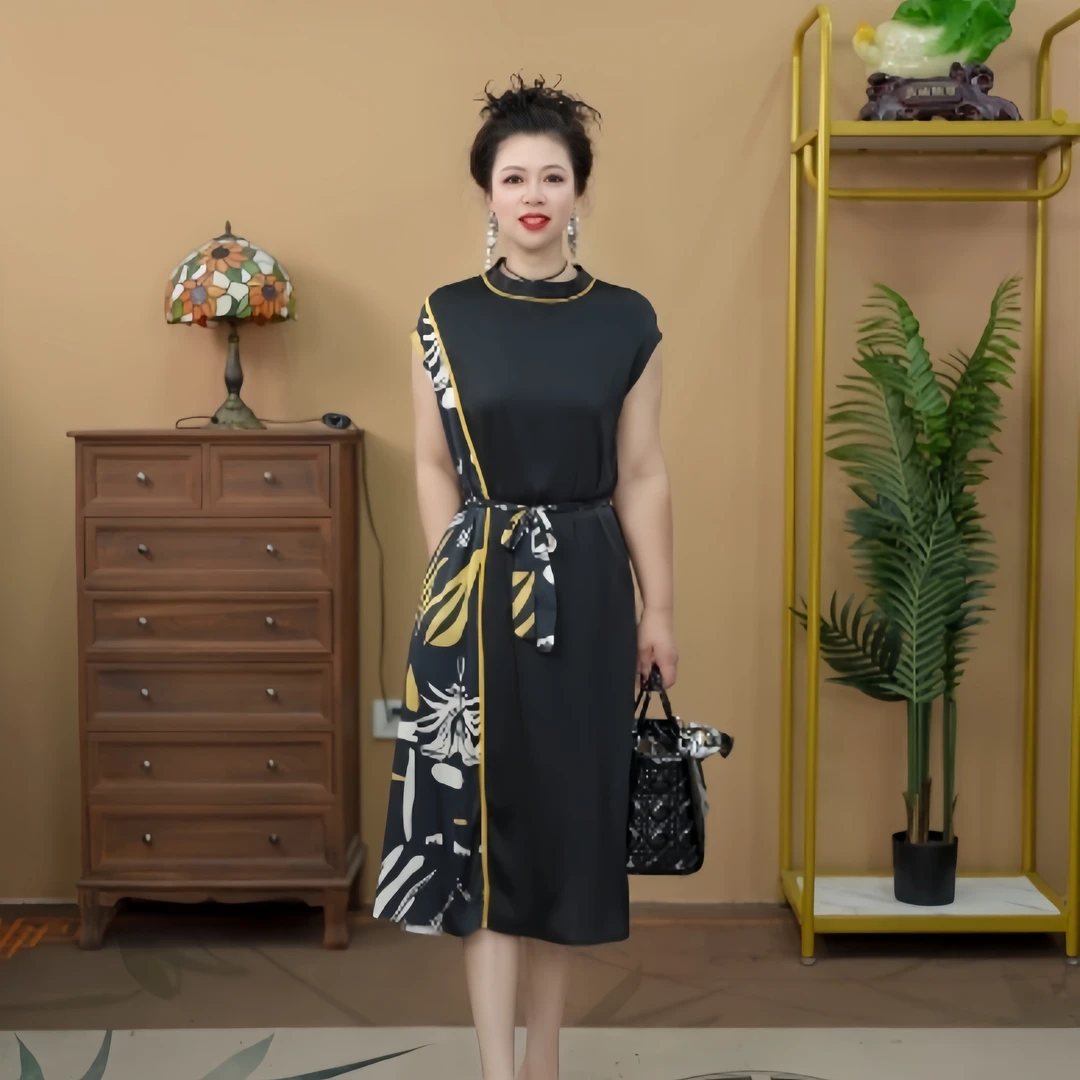 52238  夏季长裙拼接中长裙连衣裙优雅长款黑色修身
