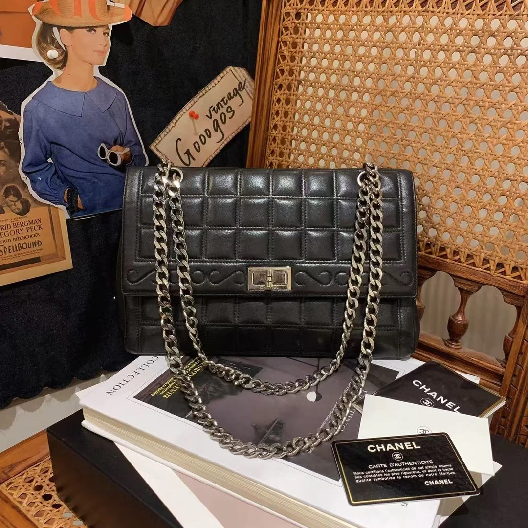 95新 Chanel/香奈儿 香奈儿冰格2.55黑银牛皮单肩包/94461517