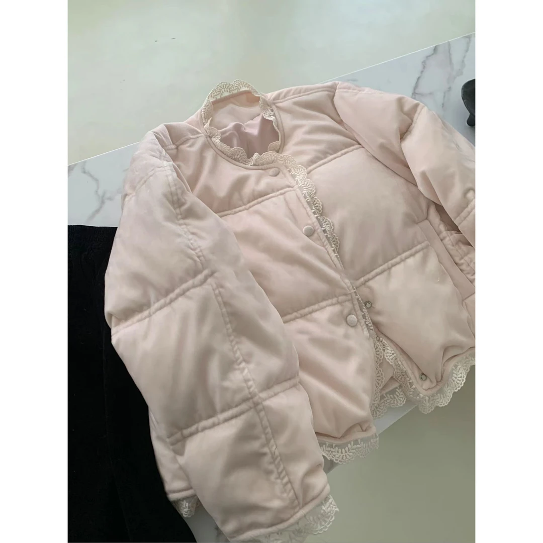 甜美粉色蕾丝花边拼接棉服女2025冬季新款加厚保暖面包服小外套