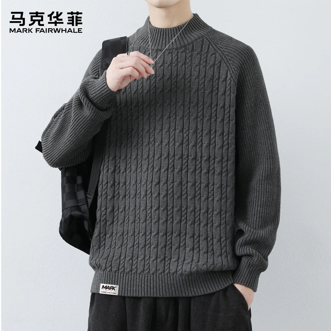 马克华菲复古麻花设计感圆领毛衣男秋冬宽松情侣装打底针织衫港风
