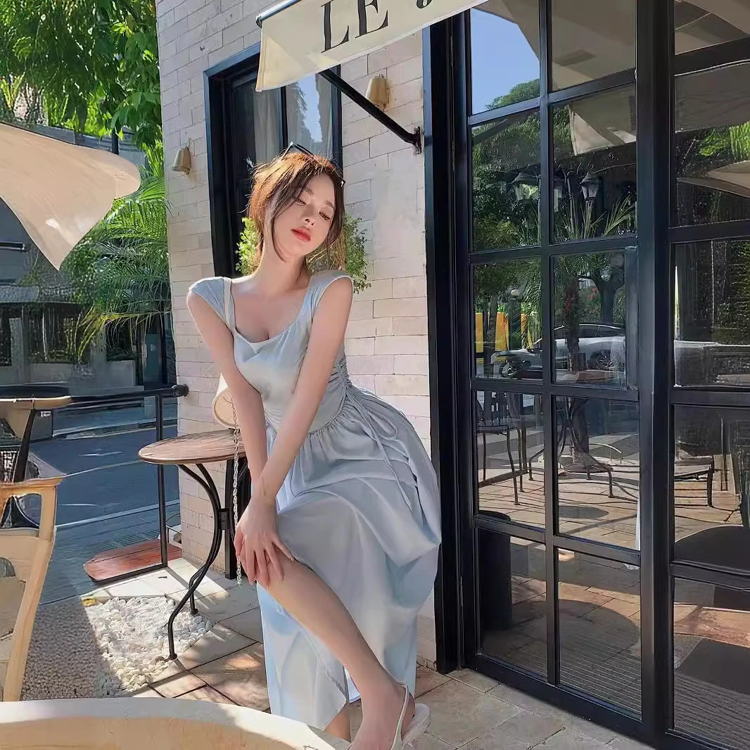 辣妹背心连衣裙女装夏季新款收腰拼接方领裙子无袖中长裙