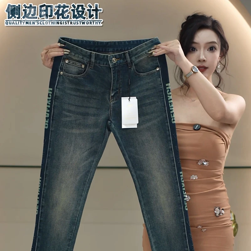男士牛仔裤秋季侧边印花设计修身小直筒男装时尚百搭休闲风裤子男
