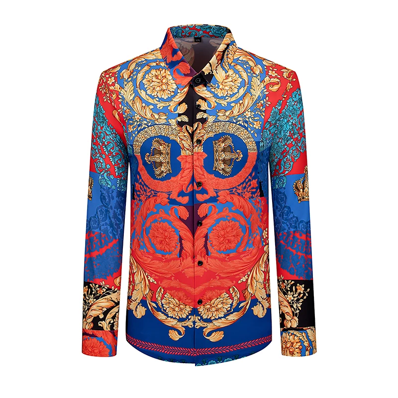 2025春季新款潮流时尚巴洛克民族风印花修身复古男士休闲长袖衬衫