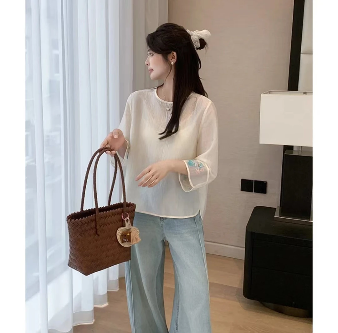 【知心】刺绣夏季休闲新中式圆领宽松型百搭精致显瘦上衣