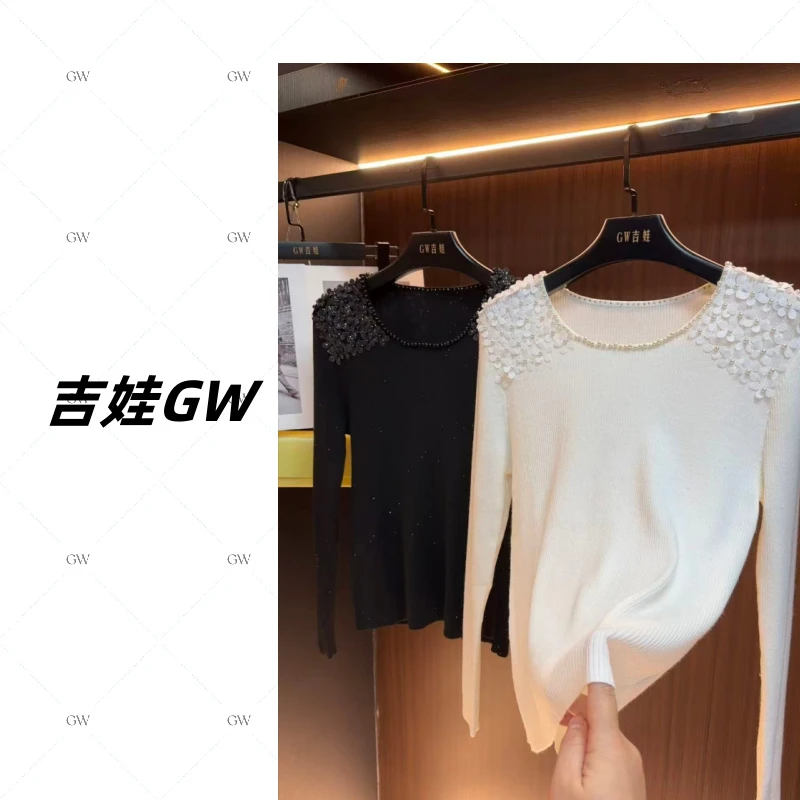 GW新款羊毛圆领带钻重工甜美内搭上衣秋冬打底衫D5672