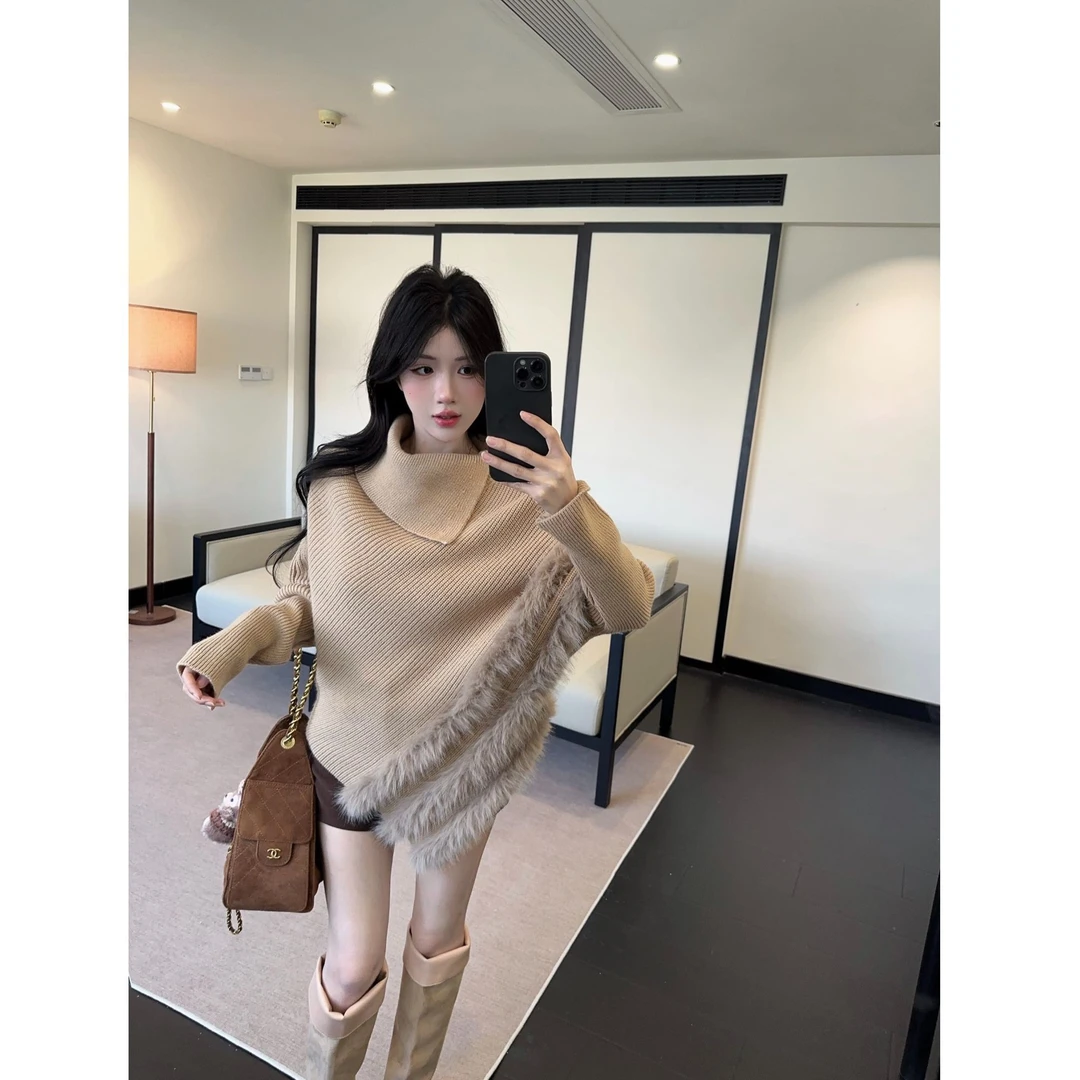 设计感毛毛拼接蝙蝠袖高领毛衣女冬季韩系宽松慵懒百搭针织衫上衣