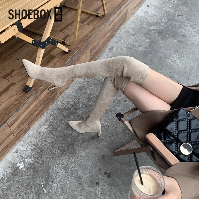 达芙尼集团鞋柜尖头过膝长靴绒面袜靴2025新款高跟靴子弹力长筒靴