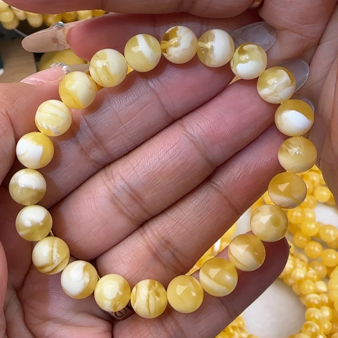 蜜蜡未镶嵌手链金瓷白妖花圆珠手串