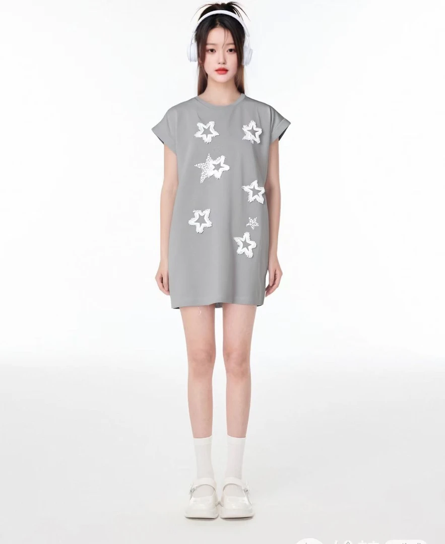 K6JB2D58#夏季潮流微弹弹力星星图案时尚舒适百搭连衣短裙