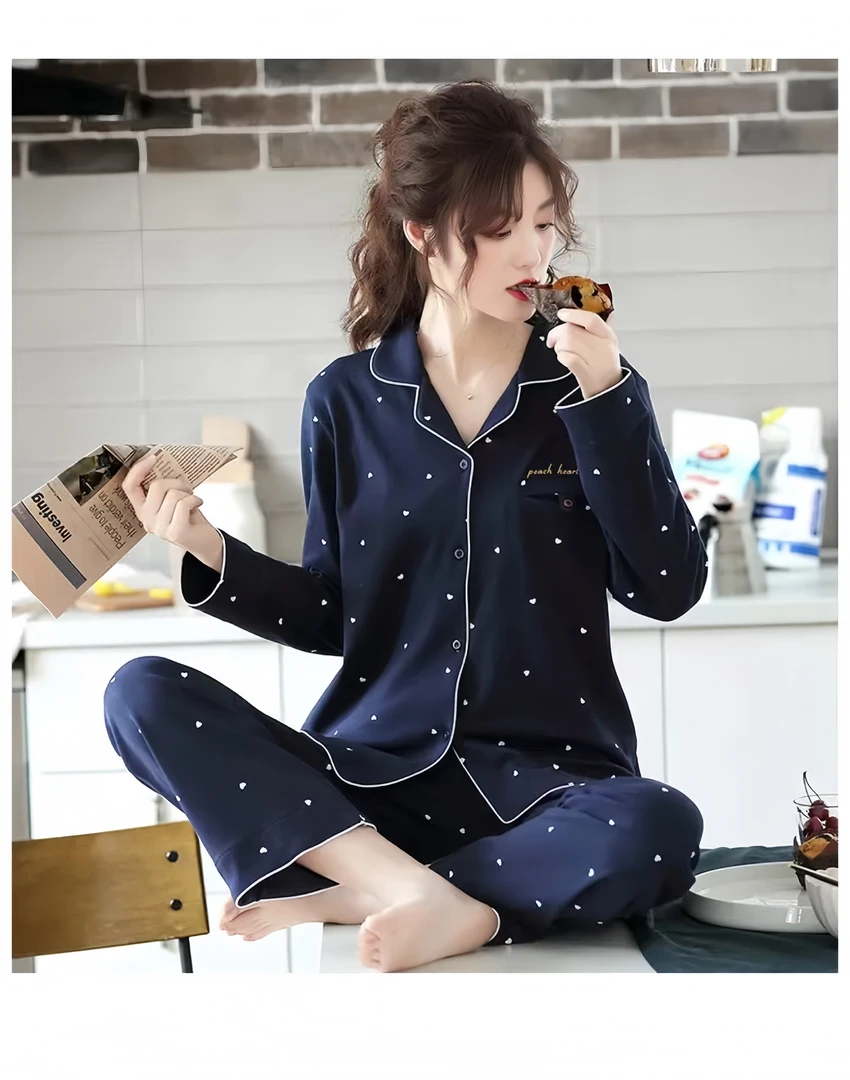 睡衣女士春秋季秋款100%纯棉长袖家居服全棉秋冬薄款韩版大码套装