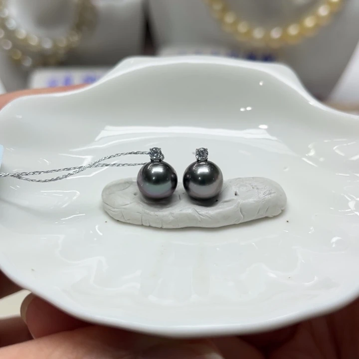 海水珍珠漏大溪地王妃耳钉9-10mm18K金镶嵌