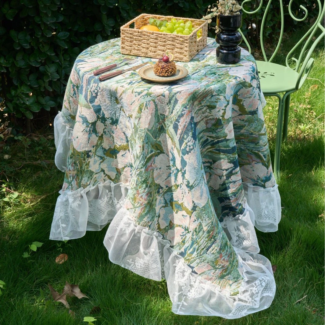 圆形方形餐桌布法式油画风绿色提花白色蕾丝花边装饰茶几盖布装饰