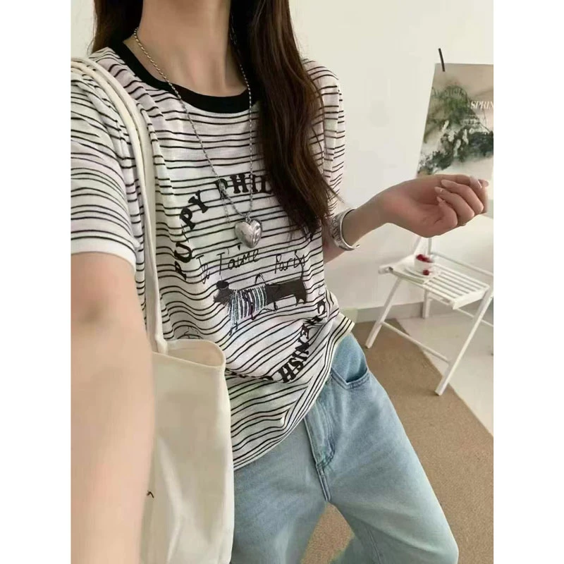 小狗图案条纹冰丝短袖针织衫2025夏季新款宽松显瘦上衣女