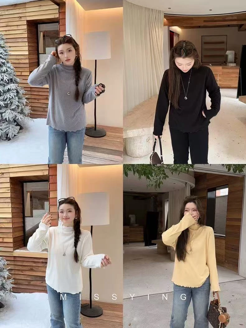 大码半高领德绒打底衫秋冬内搭长袖木耳边上衣百搭外穿针织显瘦