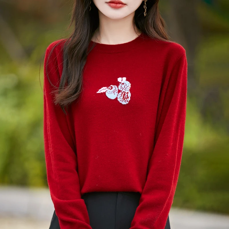 秋冬季100%羊毛衫女洋气圆领蓝莓提花套头毛衣宽松百搭针织衫上衣