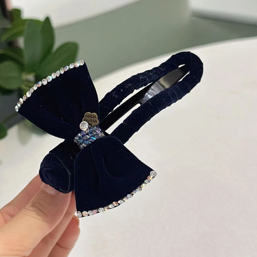 精品水晶原创秋冬新款深蓝色丝绒蝴蝶结轻奢简约百搭懒人夹4558