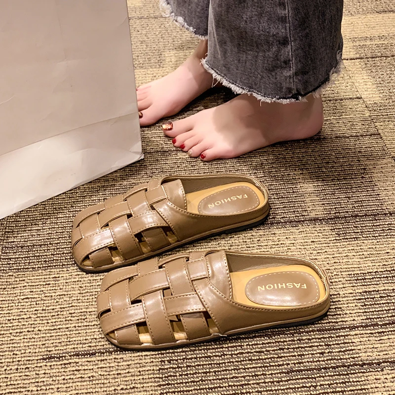 平底包头拖鞋女夏季外穿2025爆款编织方头沙滩鞋洋气软底复古半拖