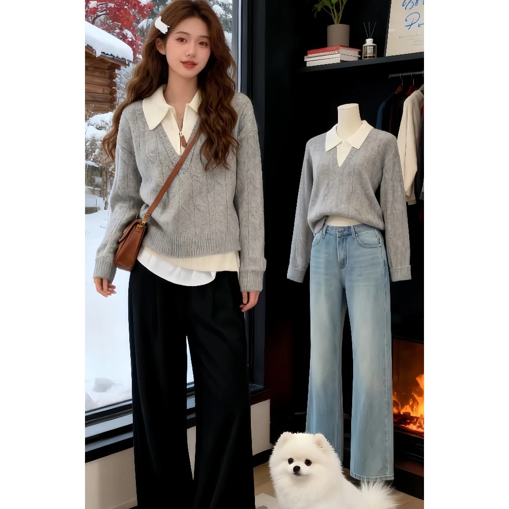 牛X货 巨炸裂！美拉德甜美翻领半拉链假两件毛衣女翻领针织衫上衣