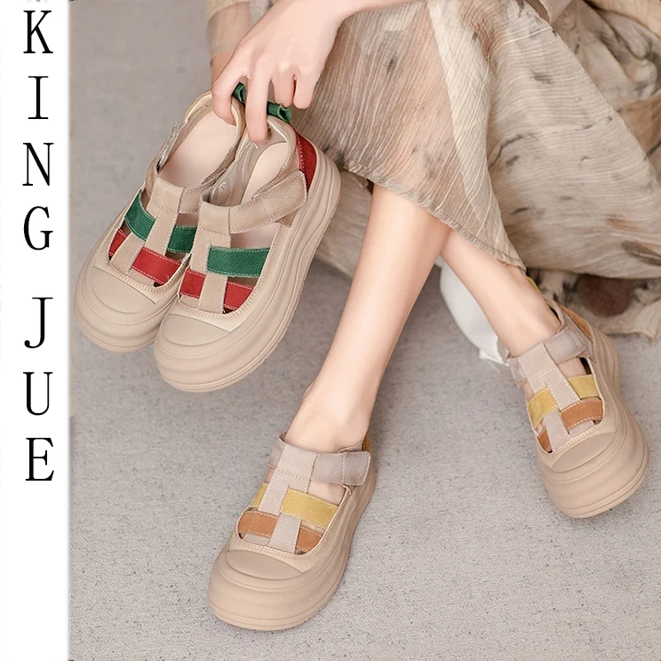 【王爵】头层牛皮镂空休闲板鞋透气罗马复古包头凉鞋女大头厚底