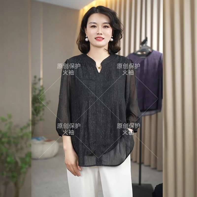 火袖F902高级感半开领亮丝上衣2025春季新款宽松百搭黑色妈妈上衣