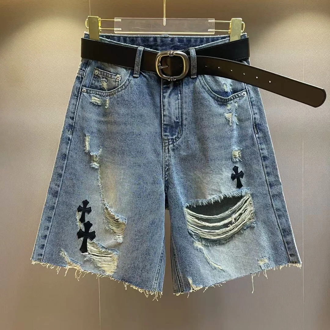 【NN+】美式潮流破洞十字标宽松休闲百搭五分牛仔短裤